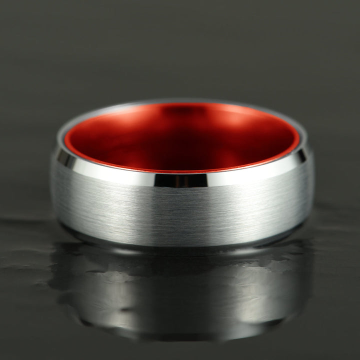 Pristine Passion Red Interior Silver Tungsten Wedding Band 8MM - Rings By Pristine