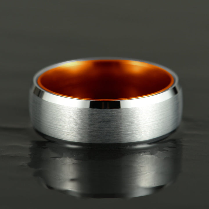 Pristine Passion Orange Interior Silver Tungsten Wedding Band 8MM - Rings By Pristine