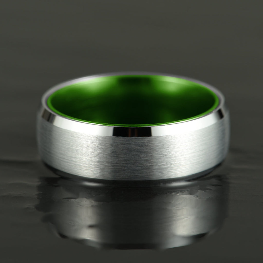 Pristine Passion Green Interior Silver Tungsten Wedding Band 8MM - Rings By Pristine