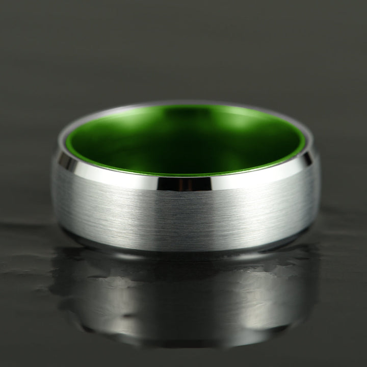 Pristine Passion Green Interior Silver Tungsten Wedding Band 8MM - Rings By Pristine