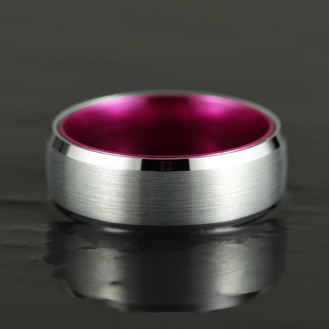 Pristine Passion Fuchsia Interior Silver Tungsten Wedding Band 8MM - Rings By Pristine