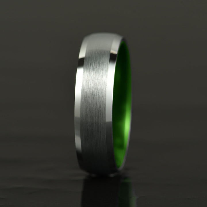 Pristine Passion Green Interior Silver Tungsten Wedding Band 6MM - Rings By Pristine
