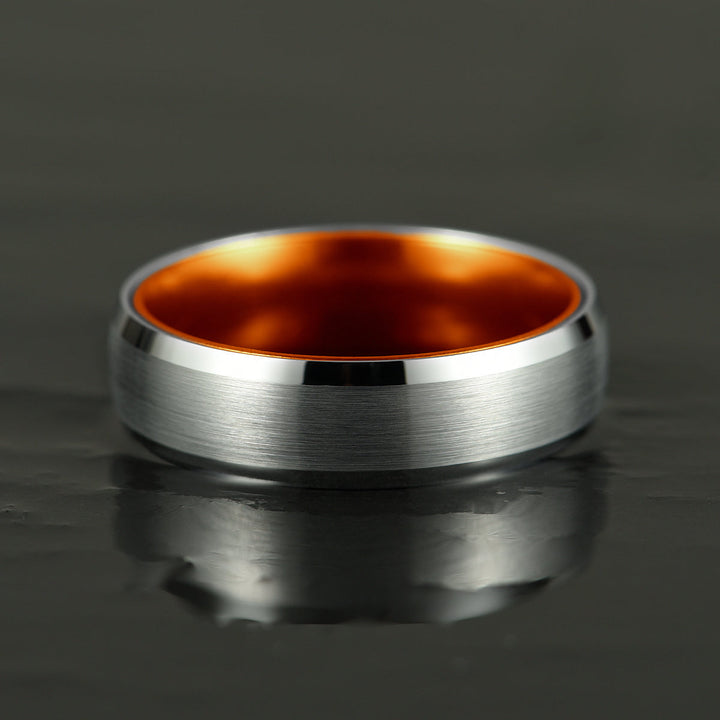 Pristine Passion Orange Interior Silver Tungsten Wedding Band 6MM - Rings By Pristine