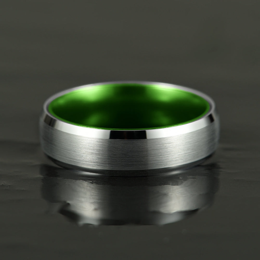 Pristine Passion Green Interior Silver Tungsten Wedding Band 6MM - Rings By Pristine