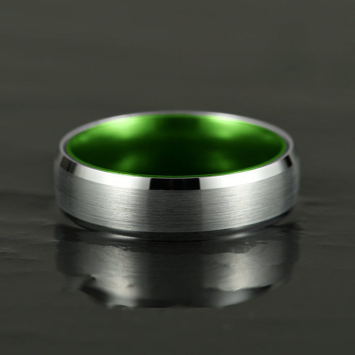 Pristine Passion Green Interior Silver Tungsten Wedding Band 6MM - Rings By Pristine