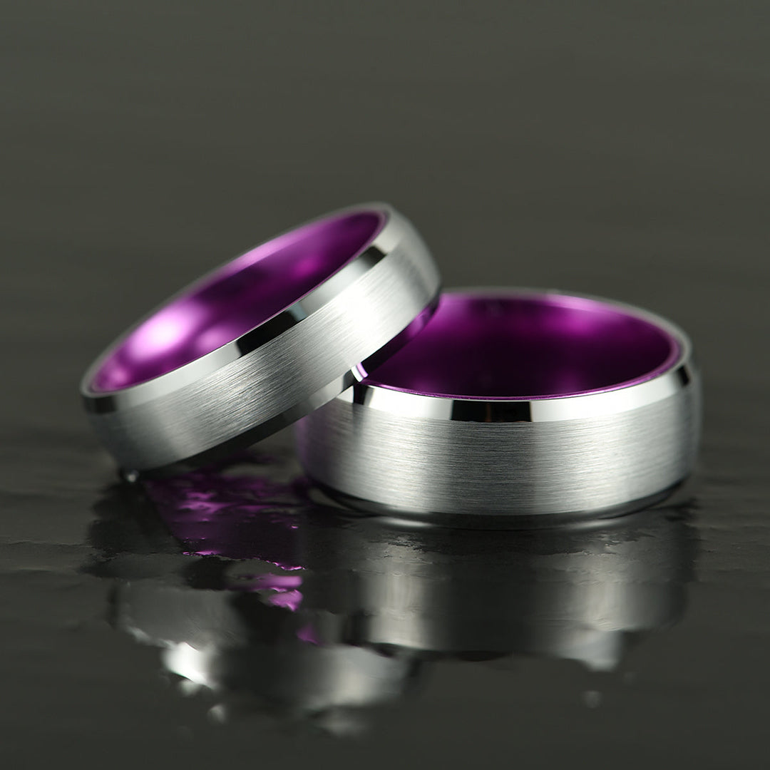 Pristine Passion Purple  Interior Silver Tungsten Wedding Band 8MM - Rings By Pristine