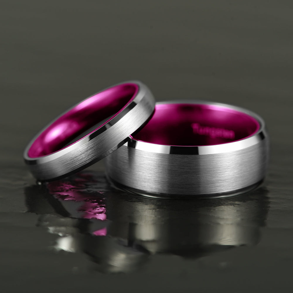 Pristine Passion Fuchsia Interior Silver Tungsten Wedding Band 8MM - Rings By Pristine