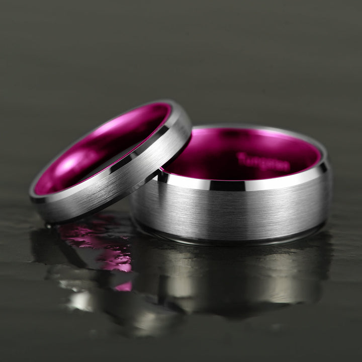 Pristine Passion Fuchsia Interior Silver Tungsten Wedding Band 8MM - Rings By Pristine