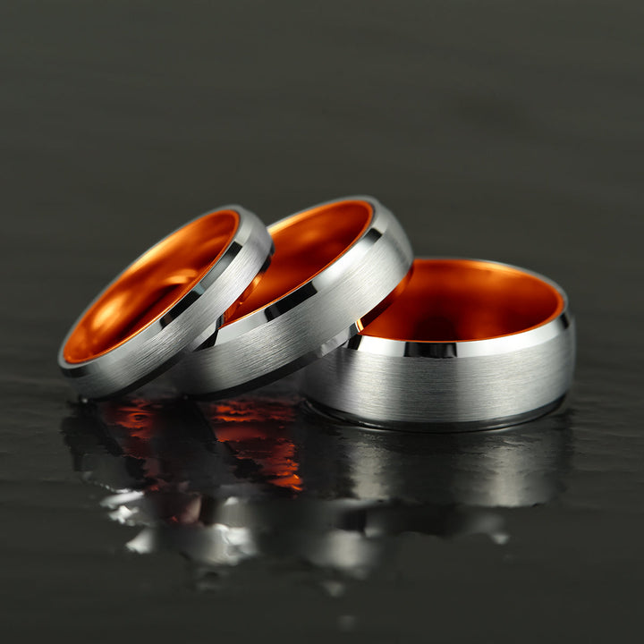 Pristine Passion Orange Interior Silver Tungsten Wedding Band 4MM - Rings By Pristine