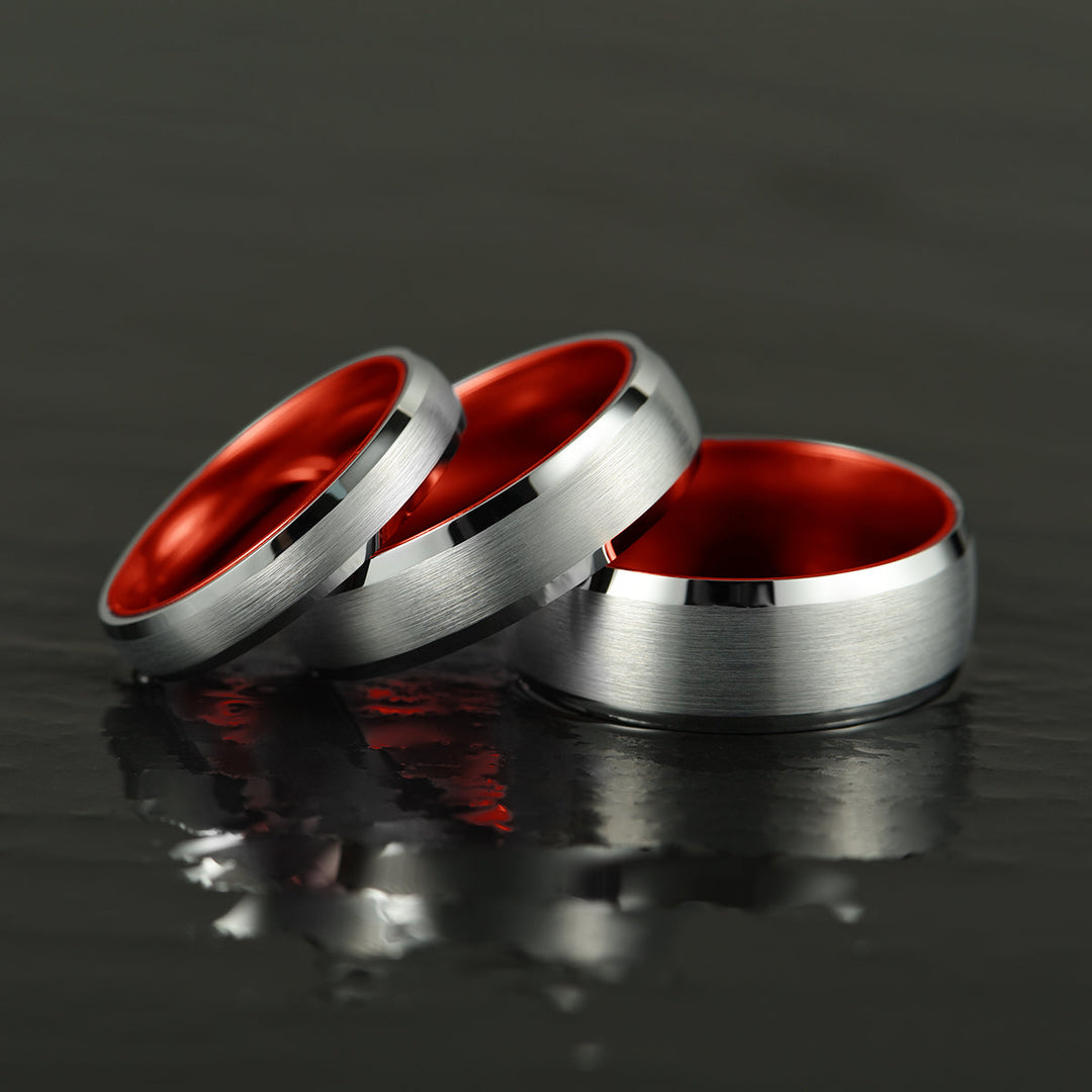Pristine Passion Red Interior Silver Tungsten Wedding Band 8MM - Rings By Pristine