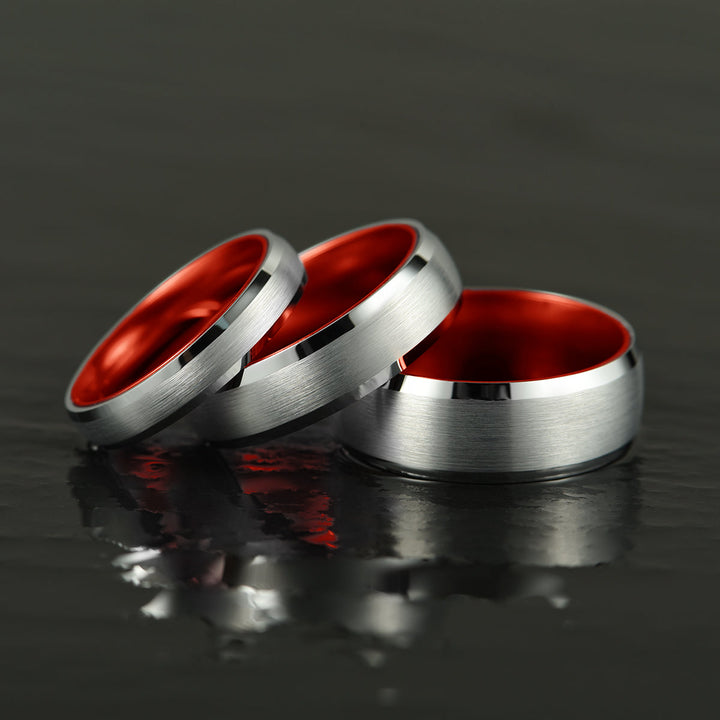 Pristine Passion Red Interior Silver Tungsten Wedding Band 4MM - Rings By Pristine