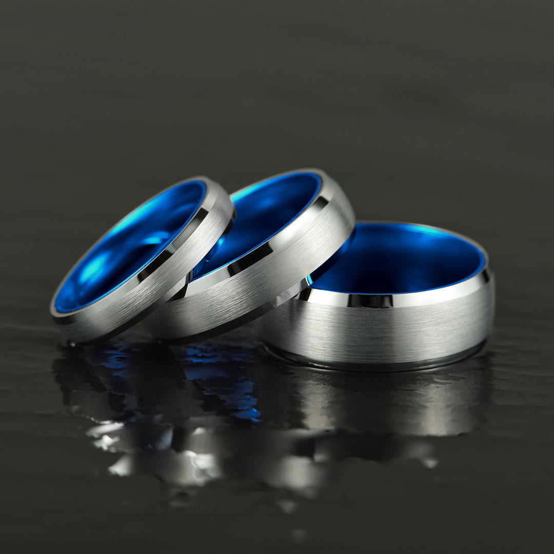 Pristine Passion Blue Interior Silver Tungsten Wedding Band 4MM - Rings By Pristine