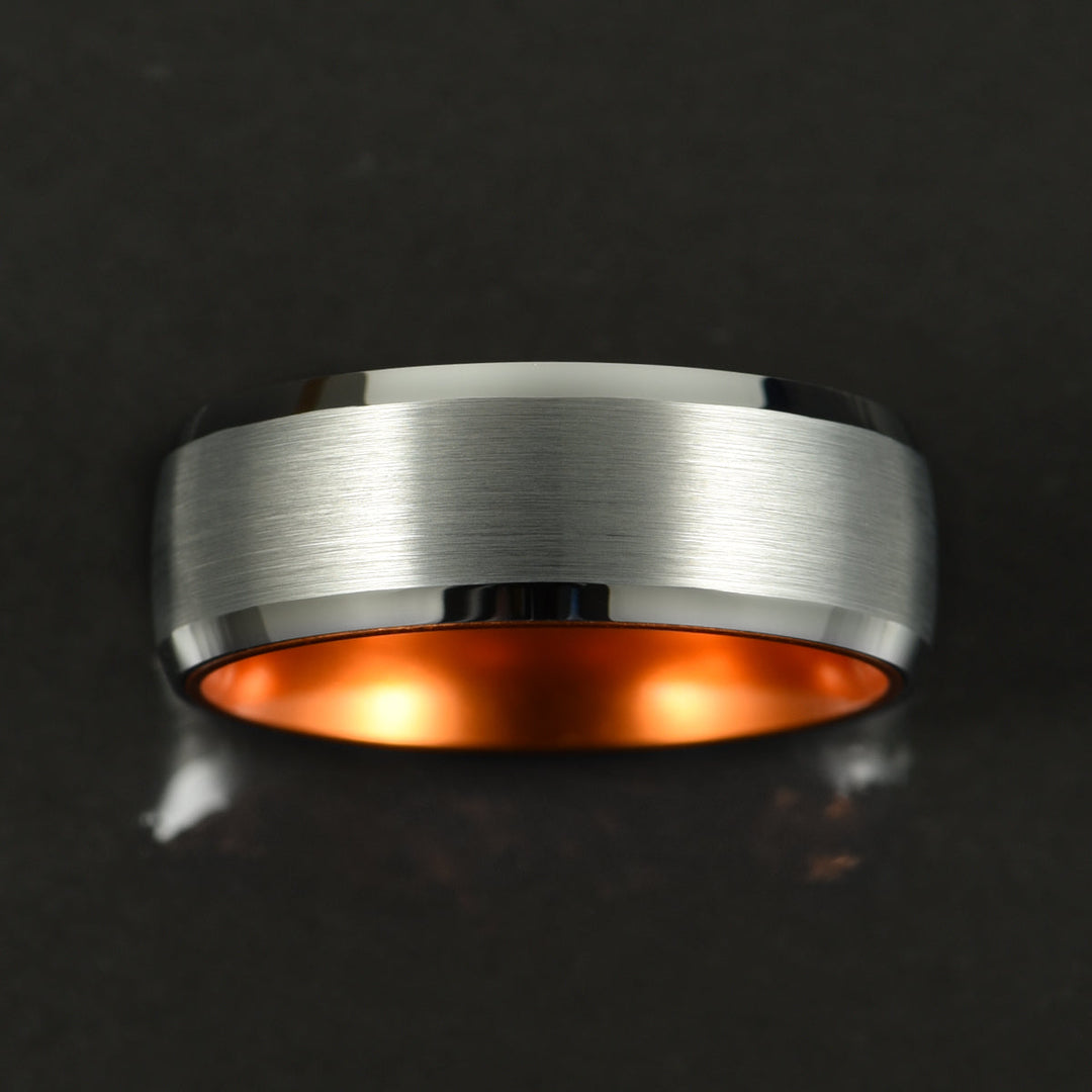 Pristine Passion Orange Interior Silver Tungsten Wedding Band 8MM - Rings By Pristine