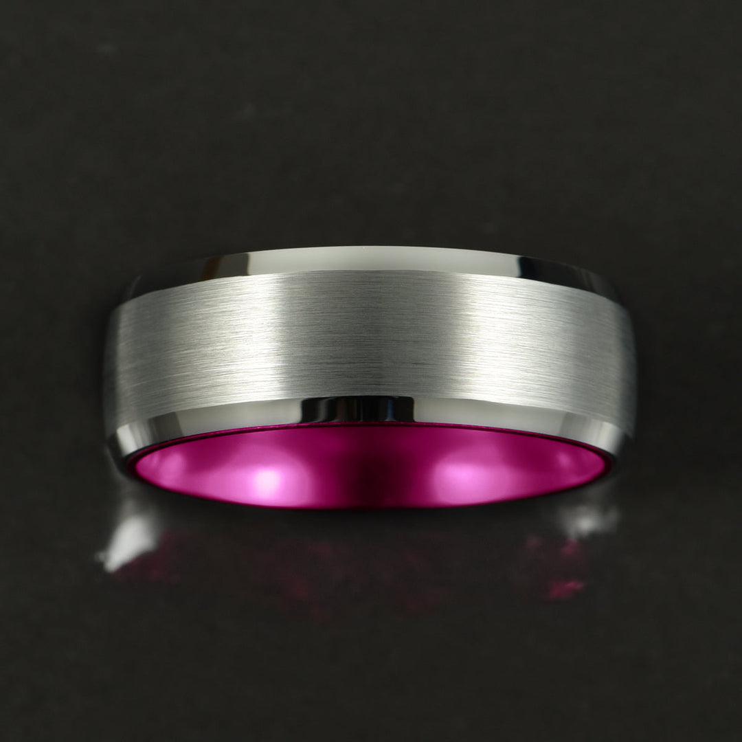 Pristine Passion Fuchsia Interior Silver Tungsten Wedding Band 8MM - Rings By Pristine