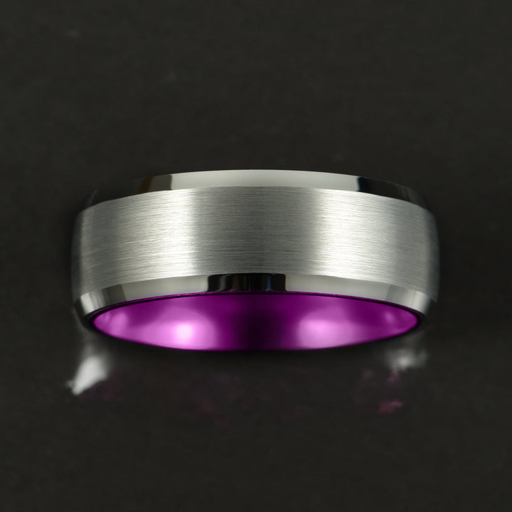 Pristine Passion Purple  Interior Silver Tungsten Wedding Band 8MM - Rings By Pristine