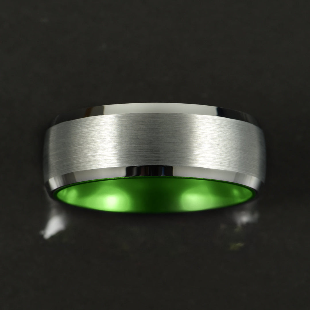 Pristine Passion Green Interior Silver Tungsten Wedding Band 8MM - Rings By Pristine