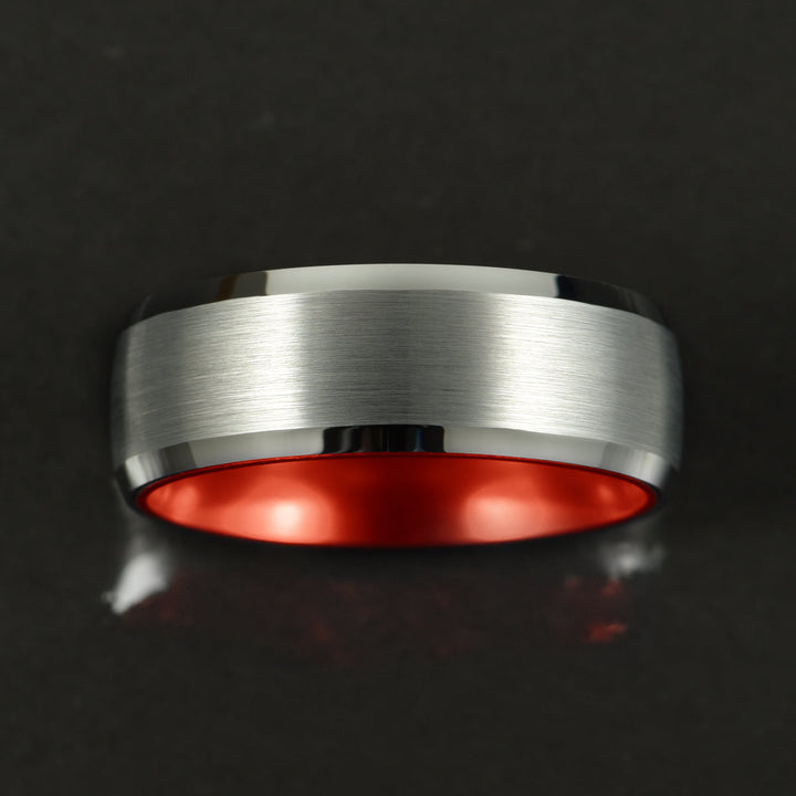 Pristine Passion Red Interior Silver Tungsten Wedding Band 8MM - Rings By Pristine