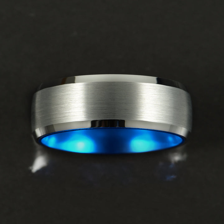 Pristine Passion Blue Interior Silver Tungsten Wedding Band 8MM - Rings By Pristine