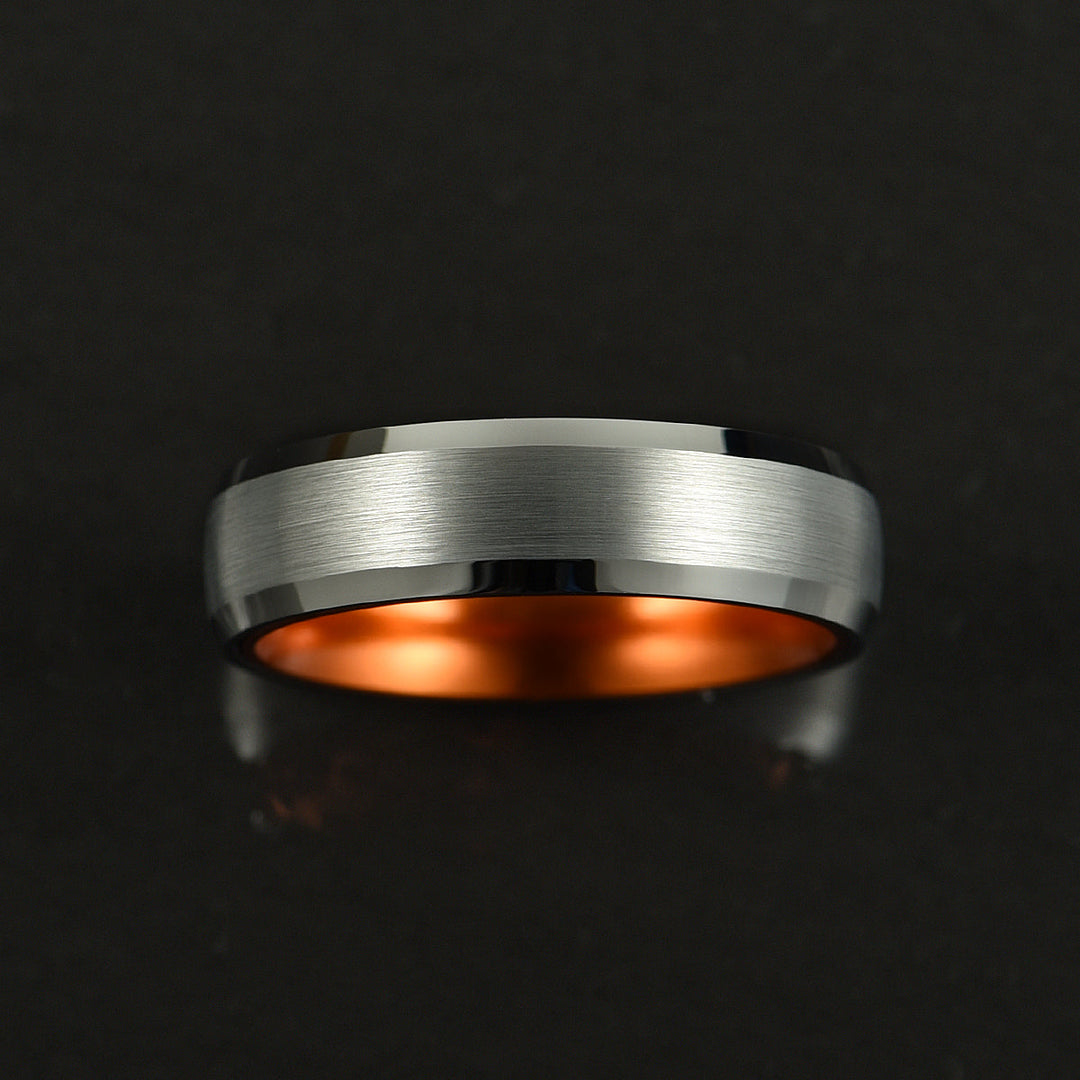 Pristine Passion Orange Interior Silver Tungsten Wedding Band 6MM - Rings By Pristine