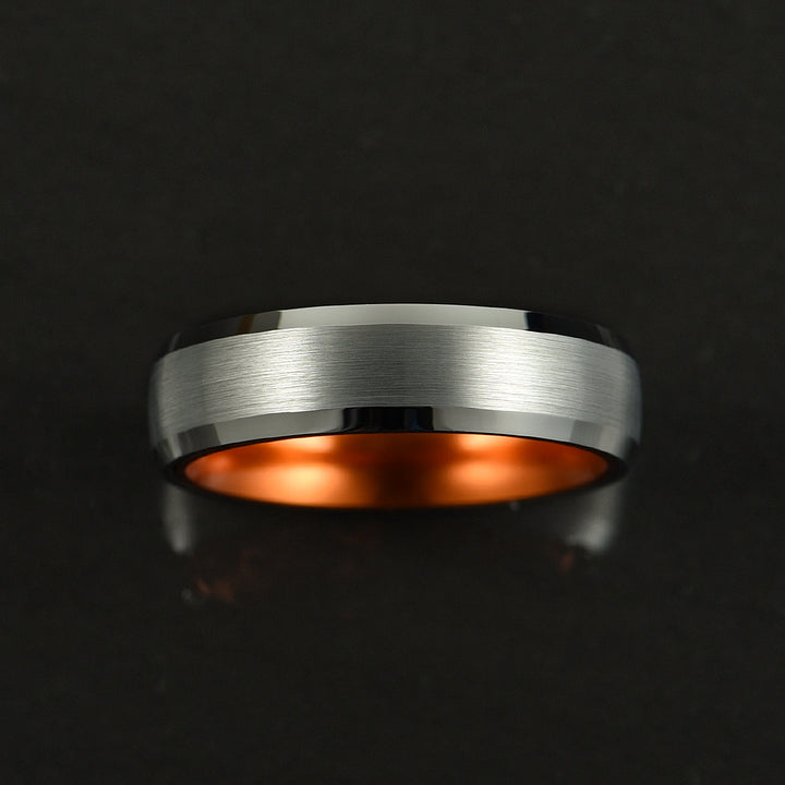 Pristine Passion Orange Interior Silver Tungsten Wedding Band 6MM - Rings By Pristine
