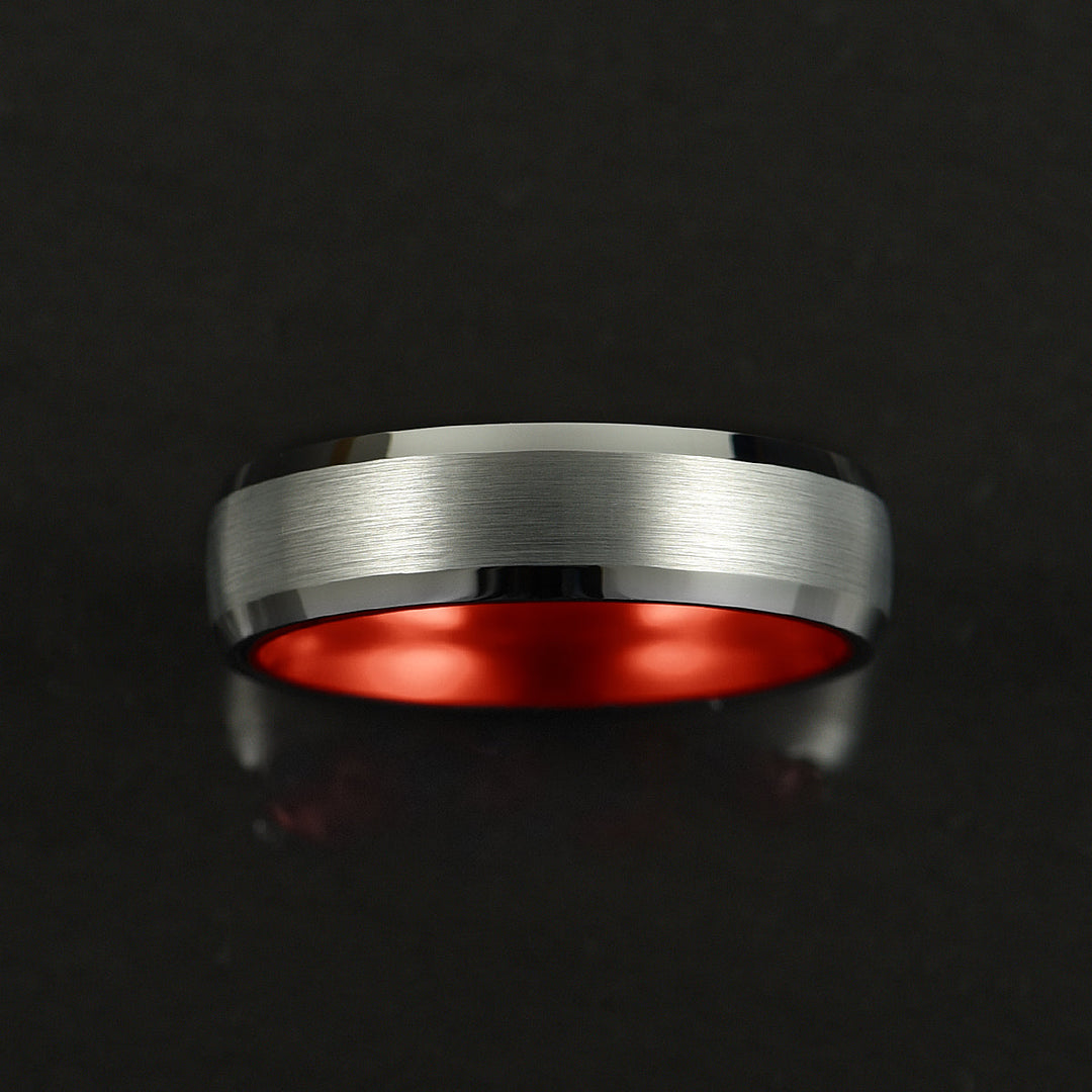 Pristine Passion Red Interior Silver Tungsten Wedding Band 6MM - Rings By Pristine