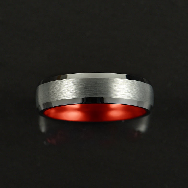 Pristine Passion Red Interior Silver Tungsten Wedding Band 6MM - Rings By Pristine