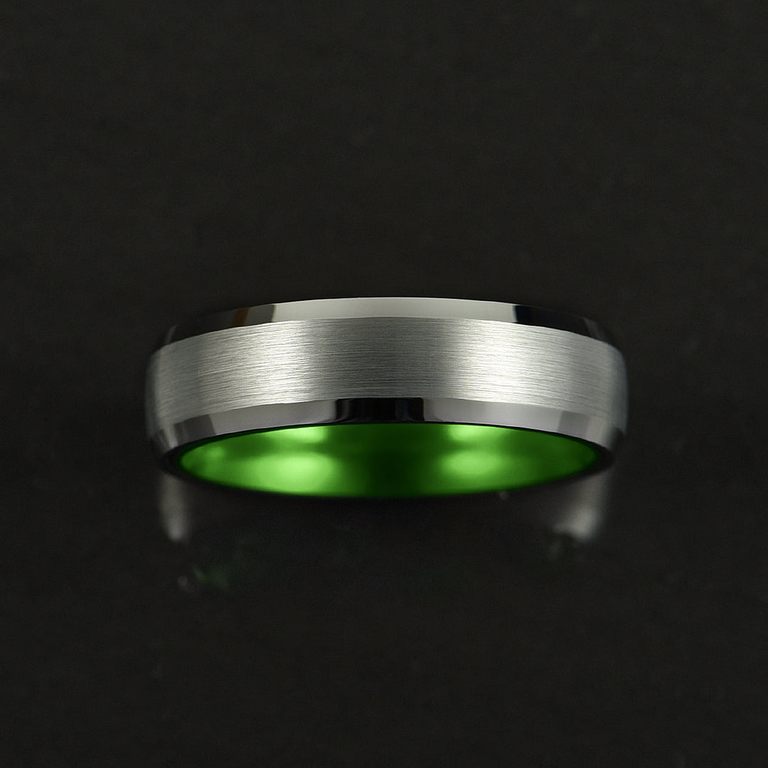 Pristine Passion Green Interior Silver Tungsten Wedding Band 6MM - Rings By Pristine