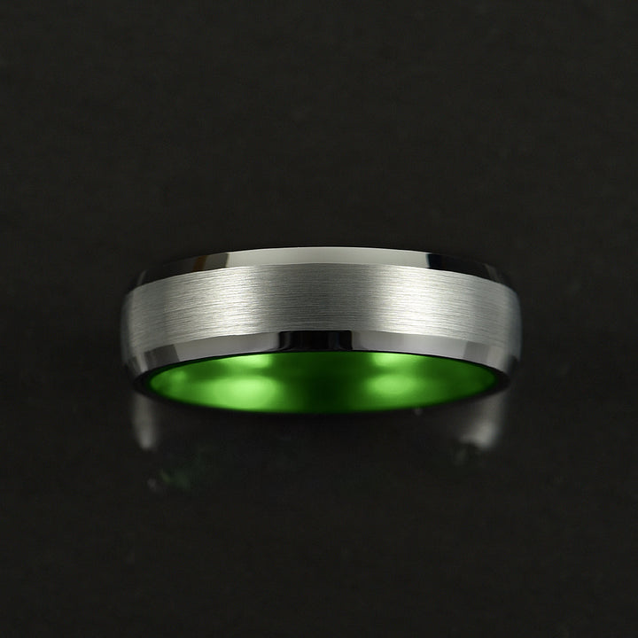 Pristine Passion Green Interior Silver Tungsten Wedding Band 6MM - Rings By Pristine