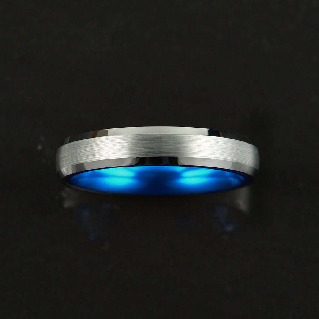 Pristine Passion Blue Interior Silver Tungsten Wedding Band 4MM - Rings By Pristine