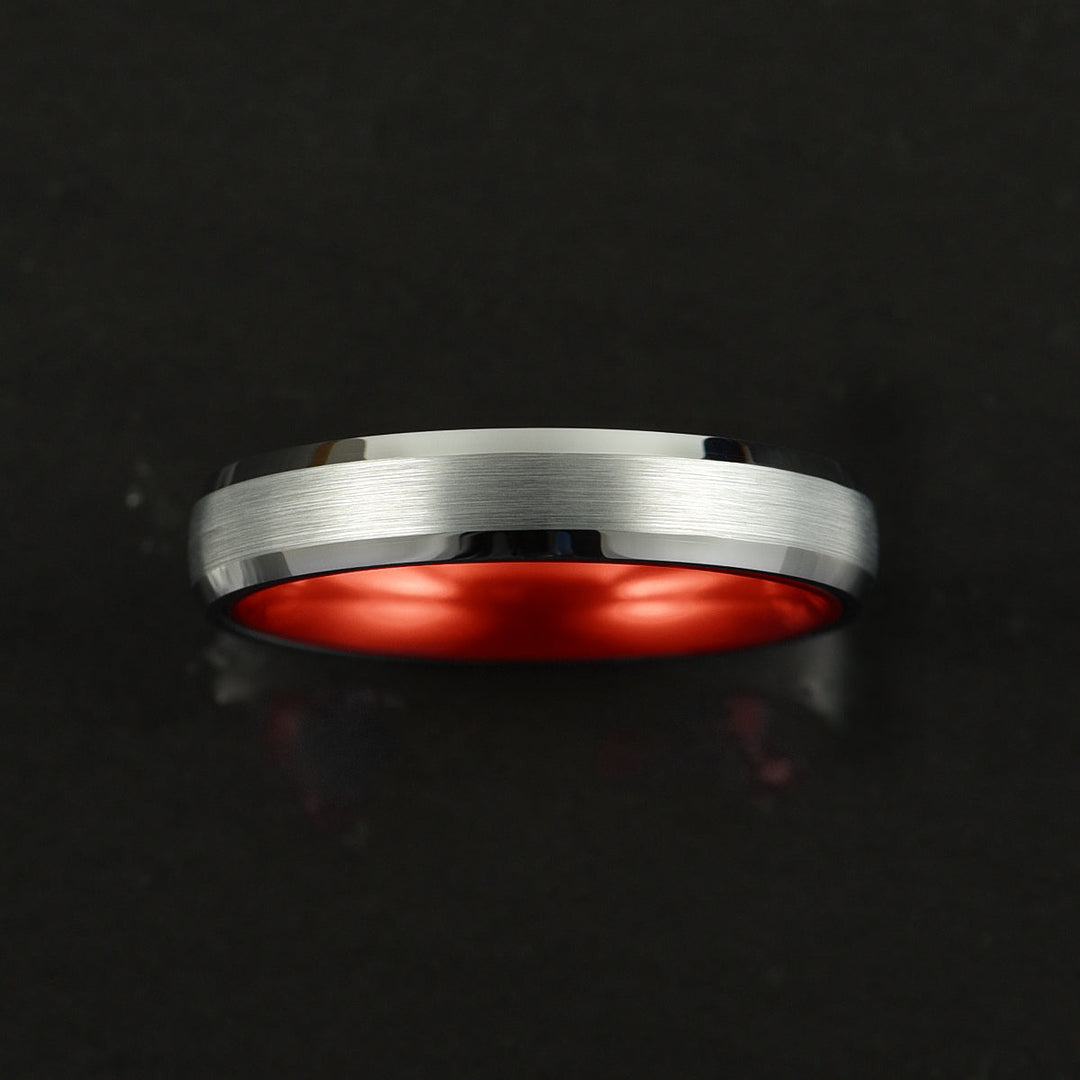Pristine Passion Red Interior Silver Tungsten Wedding Band 4MM - Rings By Pristine