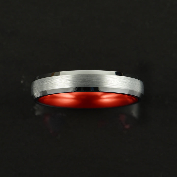 Pristine Passion Red Interior Silver Tungsten Wedding Band 4MM - Rings By Pristine