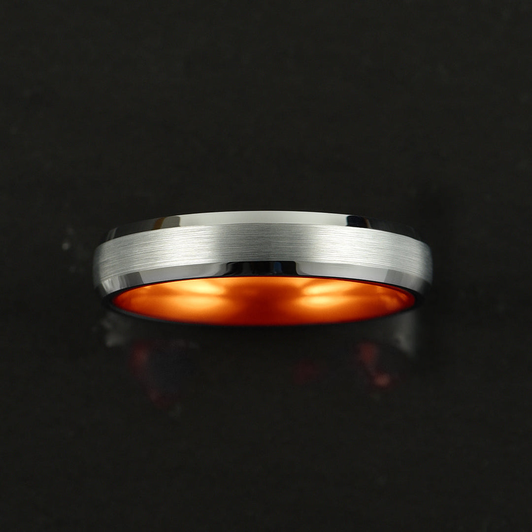 Pristine Passion Orange Interior Silver Tungsten Wedding Band 4MM - Rings By Pristine