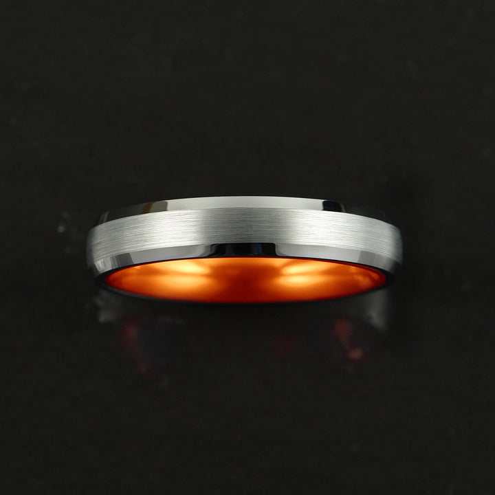 Pristine Passion Orange Interior Silver Tungsten Wedding Band 4MM - Rings By Pristine