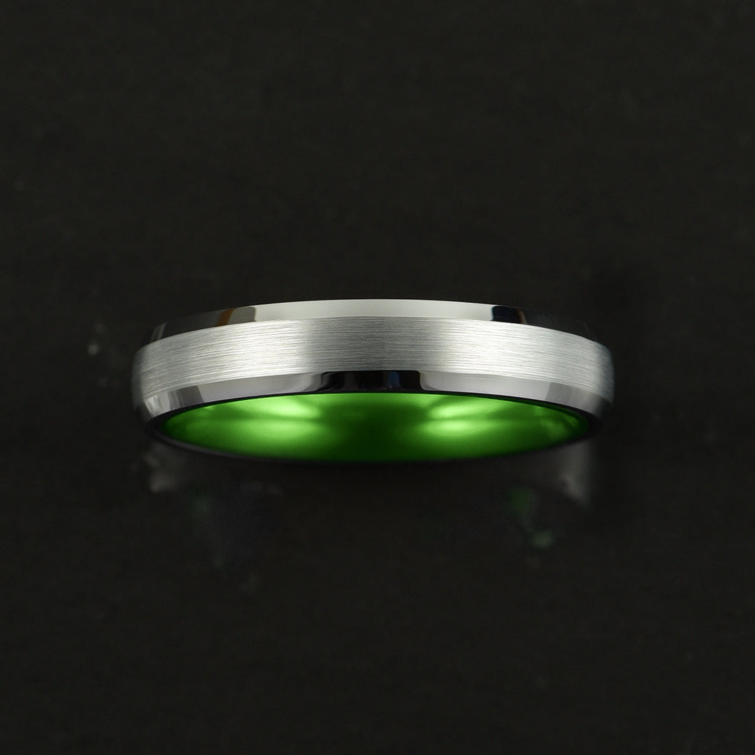Pristine Passion Green Interior Silver Tungsten Wedding Band 4MM - Rings By Pristine