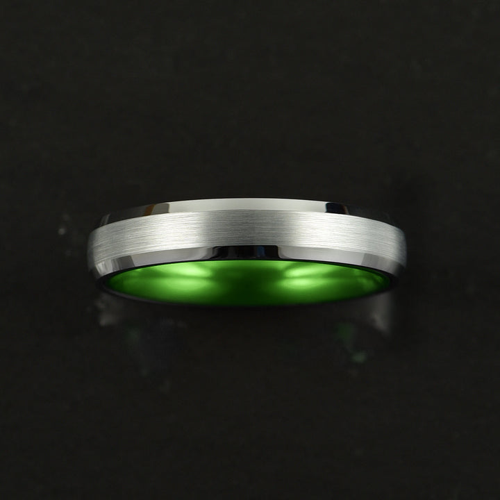 Pristine Passion Green Interior Silver Tungsten Wedding Band 4MM - Rings By Pristine