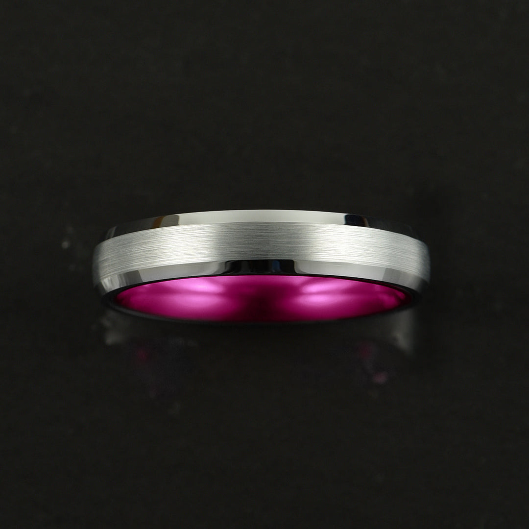 Pristine Passion Fuchsia Interior Silver Tungsten Wedding Band 4MM - Rings By Pristine