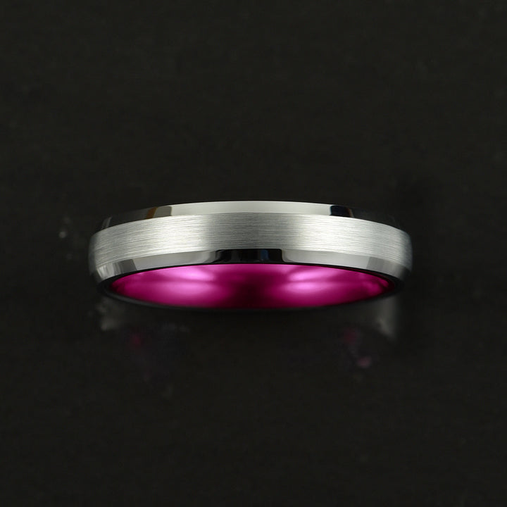 Pristine Passion Fuchsia Interior Silver Tungsten Wedding Band 4MM - Rings By Pristine