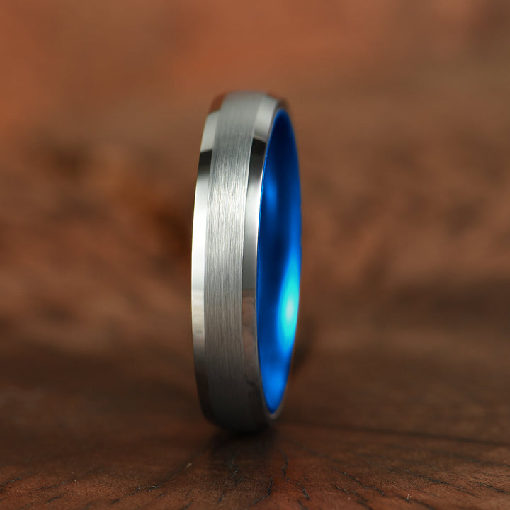 Pristine Passion Blue Interior Silver Tungsten Wedding Band 4MM - Rings By Pristine
