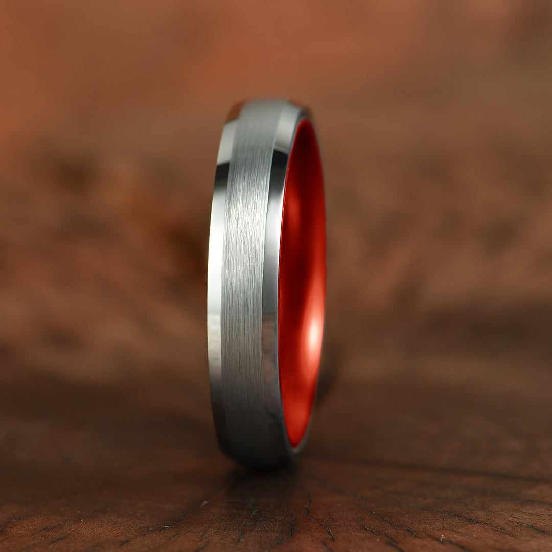 Pristine Passion Red Interior Silver Tungsten Wedding Band 4MM - Rings By Pristine