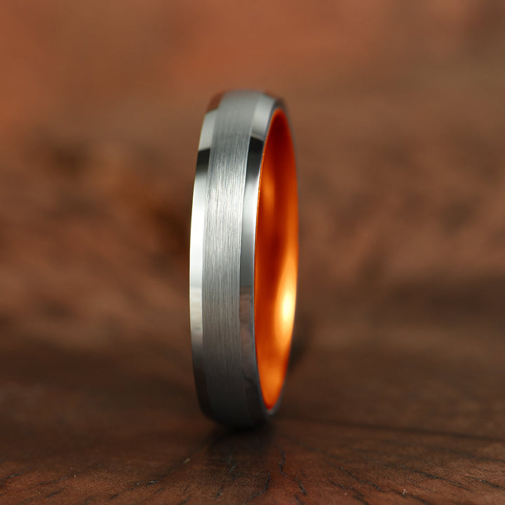 Pristine Passion Orange Interior Silver Tungsten Wedding Band 4MM - Rings By Pristine