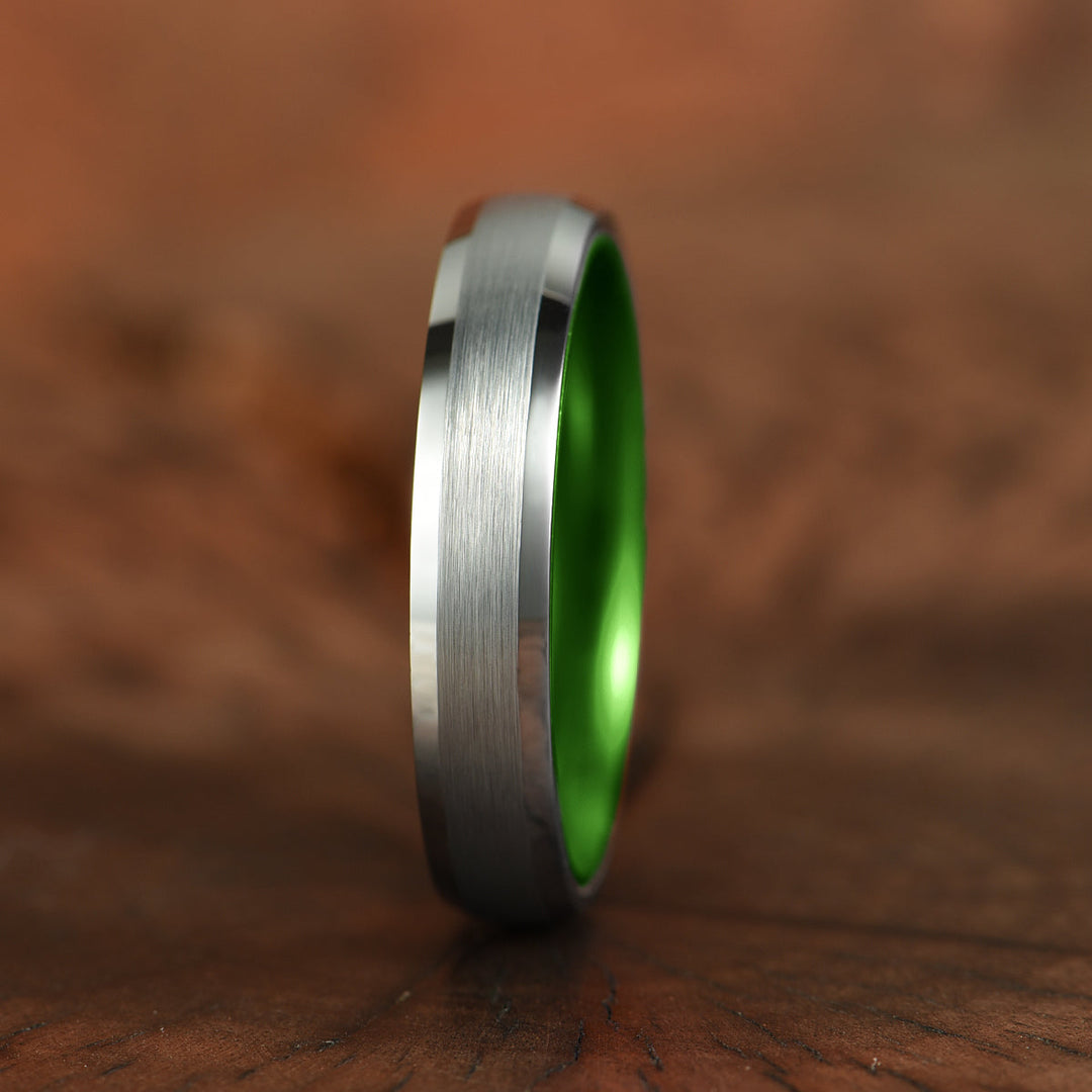Pristine Passion Green Interior Silver Tungsten Wedding Band 4MM - Rings By Pristine