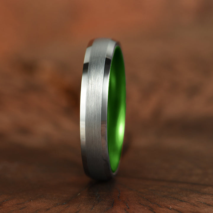 Pristine Passion Green Interior Silver Tungsten Wedding Band 4MM - Rings By Pristine