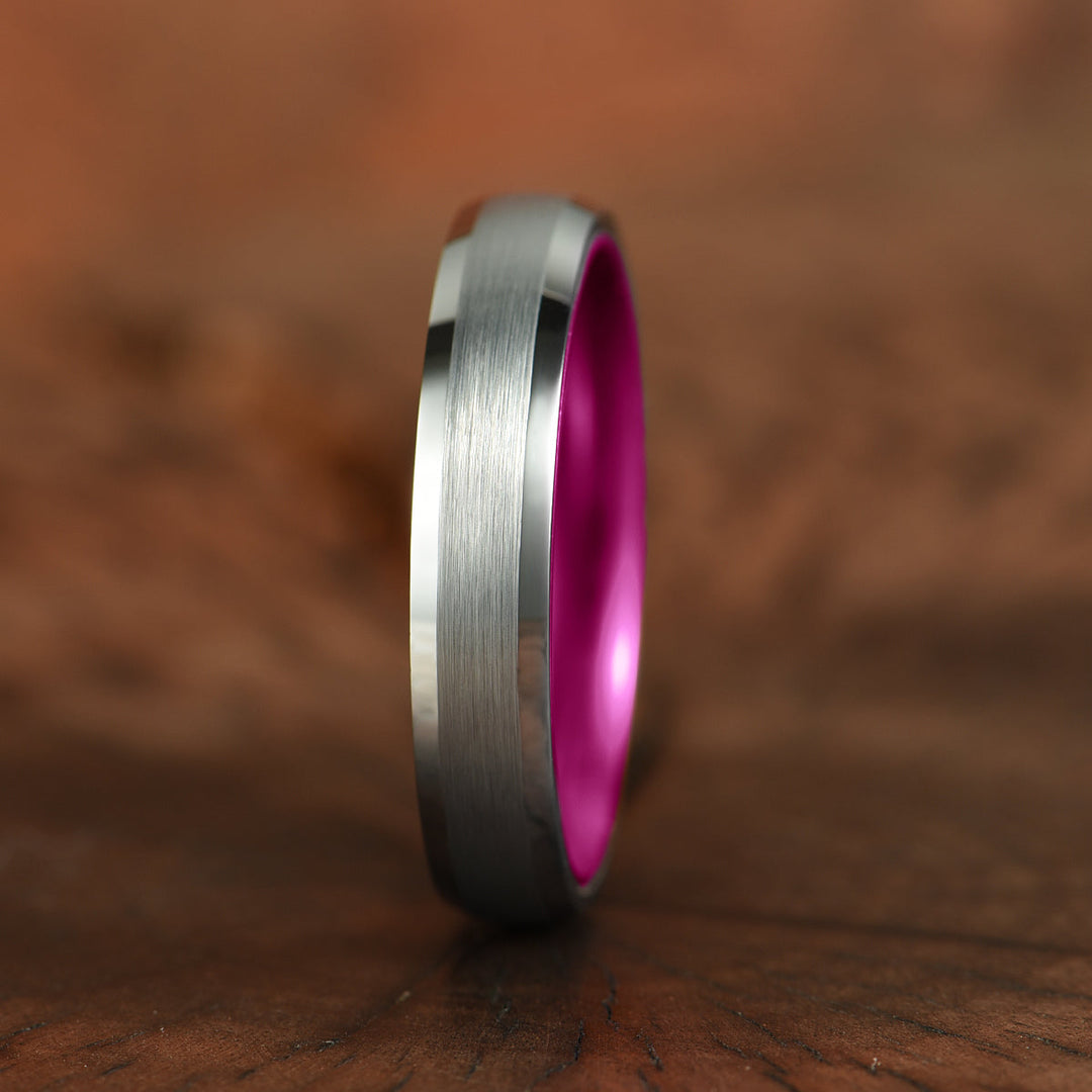 Pristine Passion Fuchsia Interior Silver Tungsten Wedding Band 4MM - Rings By Pristine