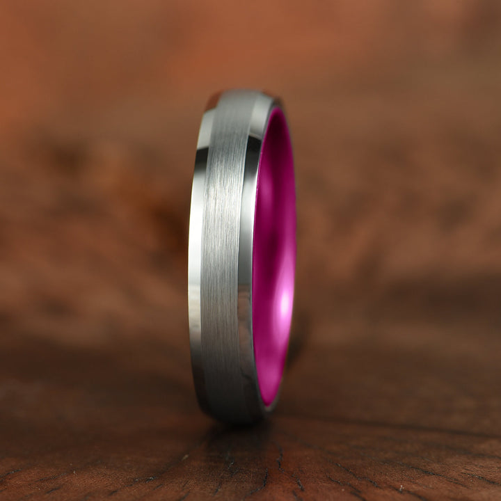 Pristine Passion Fuchsia Interior Silver Tungsten Wedding Band 4MM - Rings By Pristine
