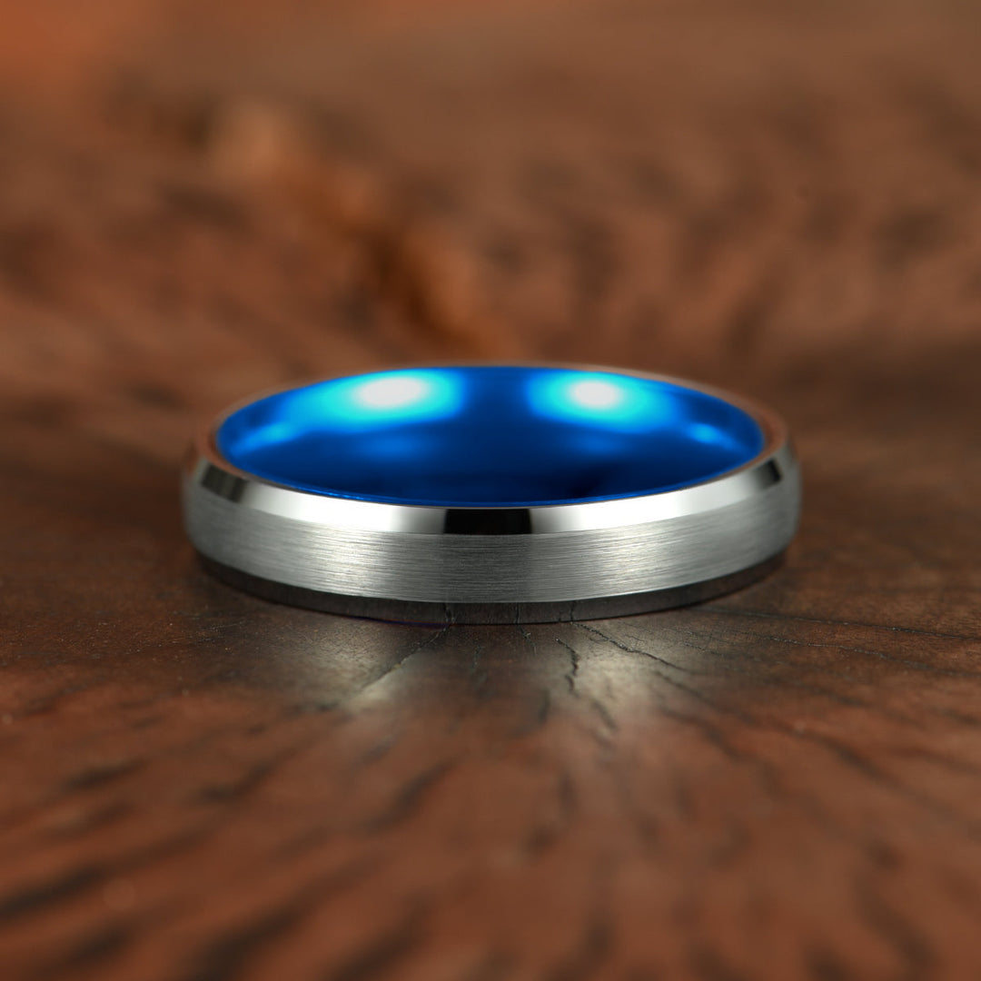 Pristine Passion Blue Interior Silver Tungsten Wedding Band 4MM - Rings By Pristine