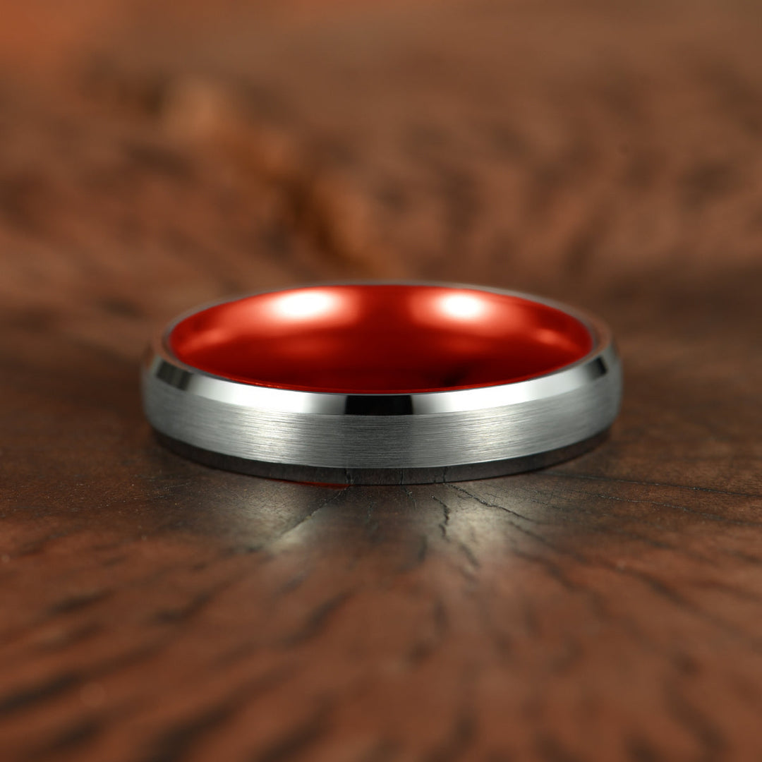 Pristine Passion Red Interior Silver Tungsten Wedding Band 4MM - Rings By Pristine