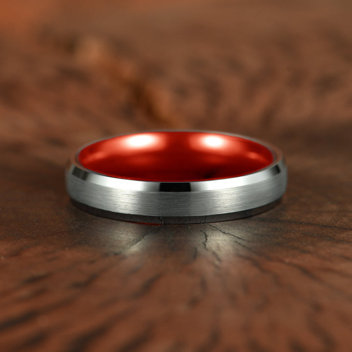 Pristine Passion Red Interior Silver Tungsten Wedding Band 4MM - Rings By Pristine