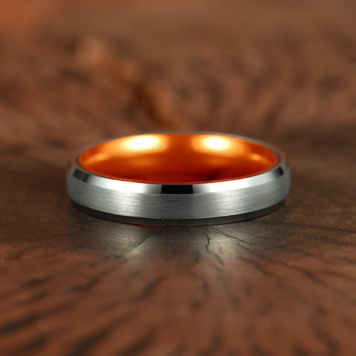 Pristine Passion Orange Interior Silver Tungsten Wedding Band 4MM - Rings By Pristine