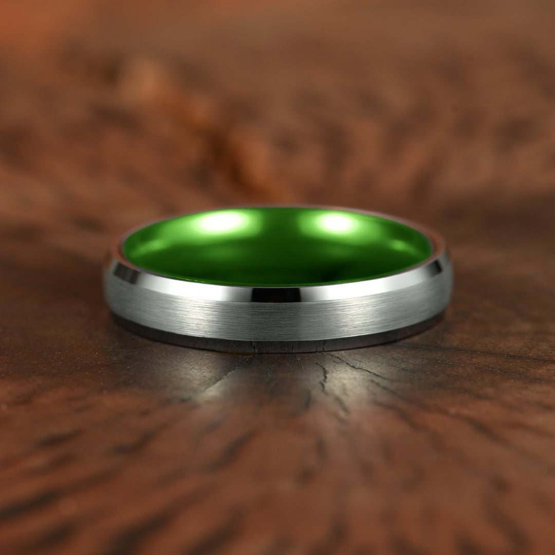 Pristine Passion Green Interior Silver Tungsten Wedding Band 4MM - Rings By Pristine