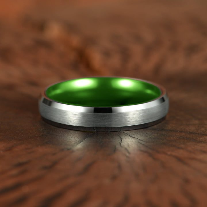 Pristine Passion Green Interior Silver Tungsten Wedding Band 4MM - Rings By Pristine
